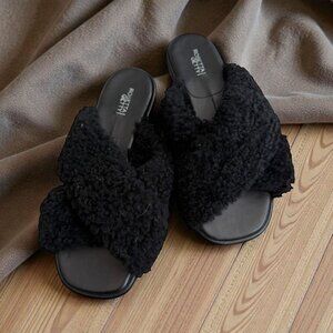 ROSETTA GETTY Black Shearling Slides Sandals Size 36.5 / 6.5